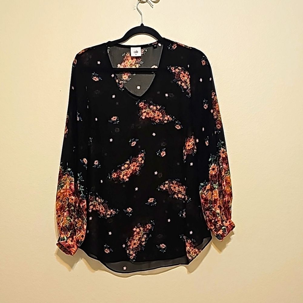 CaBi Blooming Blouse Black Floral Sheer Top style 3594 XS Small